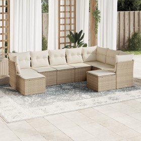 Set de sofás de jardín 9 pzas con cojines ratán sintético beige