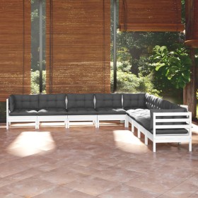 Muebles de jardín 9 pzas y cojines blanco madera maciza de pino