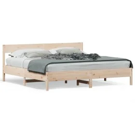 Bed frame with solid pine wood headboard 200x200cm by , Beds and slatted bases - Ref: Foro24-3216200, Price: 183,94 €, Discou...
