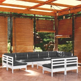 Muebles de jardín 10 pzas y cojines blanco madera maciza de pino