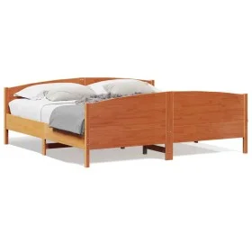 Bed frame with wax brown pine wood headboard 180x200 cm by , Beds and slatted bases - Ref: Foro24-3216166, Price: 250,88 €, D...