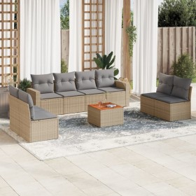 Set de sofás de jardín 9 pzas con cojines ratán sintético beige