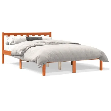 Solid wax brown pine wood bed frame 135x190 cm by , Beds and slatted bases - Ref: Foro24-844804, Price: 92,31 €, Discount: %