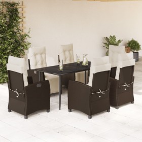 Set comedor de jardín 7 pzas con cojines ratán sintético marrón