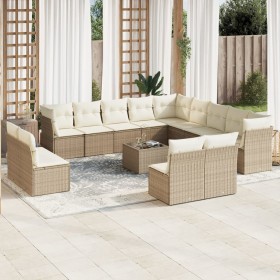 Set sofás de jardín 14 pzas con cojines ratán sintético beige