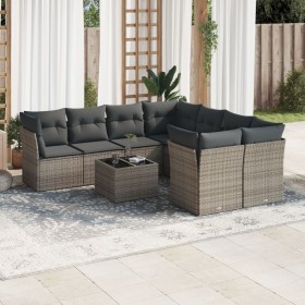 Set de muebles de jardín 9 pzas y cojines ratán sintético gris