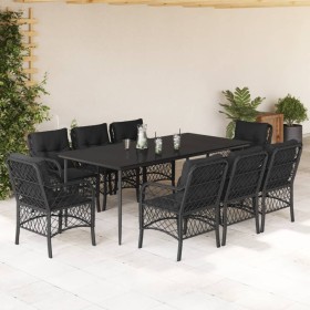 Set de comedor de jardín 9 pzas y cojines ratán sintético negro