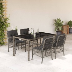 Set comedor de jardín 5 piezas con cojines ratán sintético gris