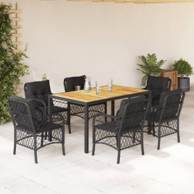 Set de comedor de jardín 7 pzas y cojines ratán sintético negro