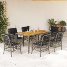 Set comedor jardín 7 pzas y cojines ratán sintético gris