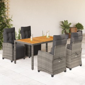 Set comedor de jardín 5 piezas con cojines ratán sintético gris