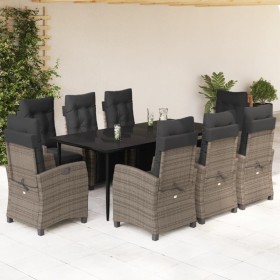 Set comedor jardín 9 pzas y cojines ratán sintético gris