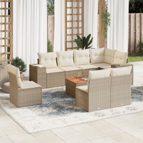 Set de sofás de jardín 9 pzas con cojines ratán sintético beige