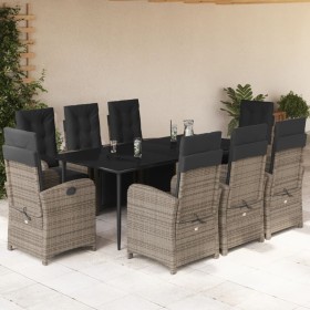 Set comedor jardín 9 pzas y cojines ratán sintético gris