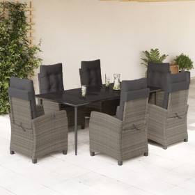 Set comedor jardín 7 pzas y cojines ratán sintético gris