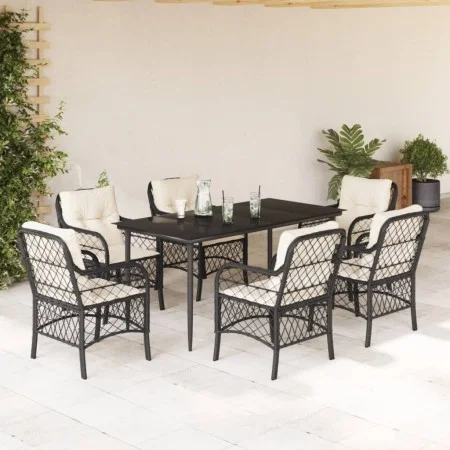 Set de comedor de jardín 7 pzas y cojines ratán sintético negro de , Conjuntos de jardín - Ref: Foro24-3212086, Precio: 731,1...