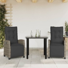 Set comedor de jardín 3 piezas con cojines ratán sintético gris