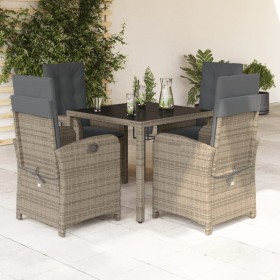 Set comedor de jardín 5 piezas con cojines ratán sintético gris