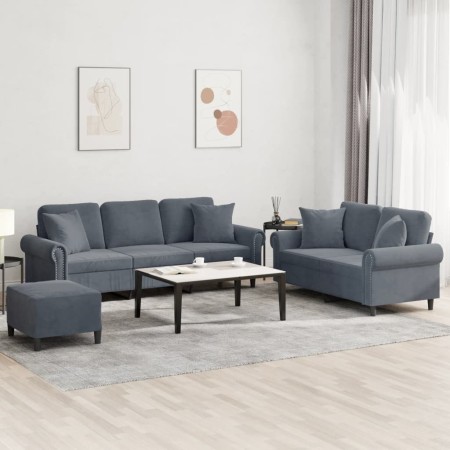 Dreiteilige Sofagarnitur aus dunkelgrauem Samt mit Kissen von , Sofas - Ref: Foro24-3202281, Preis: 610,81 €, Rabatt: %