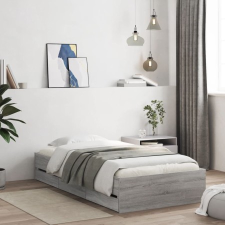 Sonoma gray engineered wood bed with drawers 75x190 cm by , Beds and slatted bases - Ref: Foro24-3207334, Price: 128,02 €, Di...