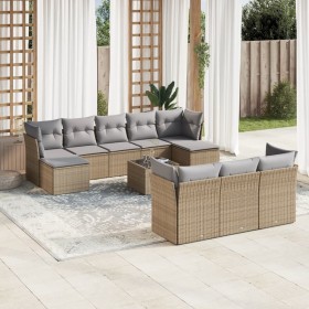 Set de sofás de jardín 11pzas con cojines ratán sintético beige