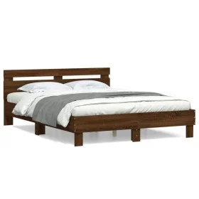 Oak brown engineered wood bed with headboard 140x200 cm by , Beds and slatted bases - Ref: Foro24-3207426, Price: 180,24 €, D...