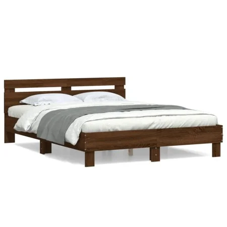 Oak brown engineered wood bed with headboard 140x200 cm by , Beds and slatted bases - Ref: Foro24-3207426, Price: 180,24 €, D...