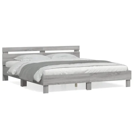 Sonoma gray engineered wood bed with headboard 180x200 cm by , Beds and slatted bases - Ref: Foro24-3207404, Price: 166,98 €,...