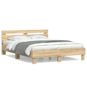 Sonoma oak engineered wood bed with headboard 140x200 cm by , Beds and slatted bases - Ref: Foro24-3207422, Price: 149,92 €, ...