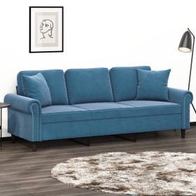 Sofá de 3 plazas con cojines terciopelo azul 180 cm