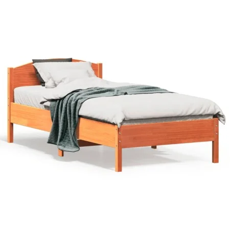 Bed frame with wax brown pine wood headboard 90x190 cm by , Beds and slatted bases - Ref: Foro24-842625, Price: 93,00 €, Disc...