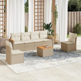 Set sofás de jardín 7 piezas y cojines ratán sintético beige