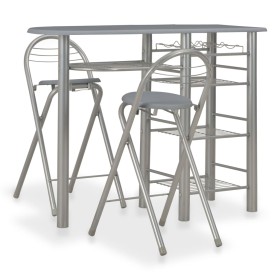 Mesa y taburetes de cocina con estantes de madera y acero gris