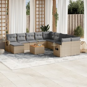 Set sofás jardín 14 pzas y cojines ratán sintético beige mezcla