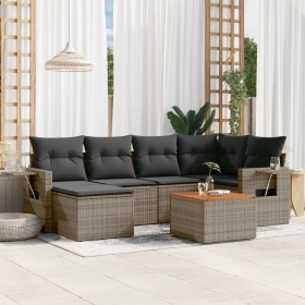 Set de sofás de jardín 7 piezas con cojines ratán PE gris