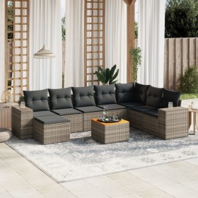 Set de muebles de jardín 9 pzas y cojines ratán sintético gris