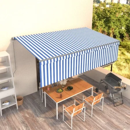 Manual retractable awning with blue and white blind 5x3 m by , Awnings - Ref: Foro24-3069456, Price: 387,77 €, Discount: %