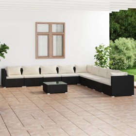 Set muebles de jardín 10 pzas y cojines ratán sintético negro