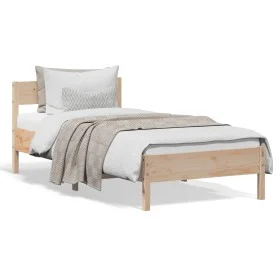 Bed frame with solid pine wood headboard 100x200 cm by , Beds and slatted bases - Ref: Foro24-842758, Price: 109,57 €, Discou...