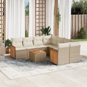 Set de sofás de jardín 9 pzas con cojines ratán sintético beige