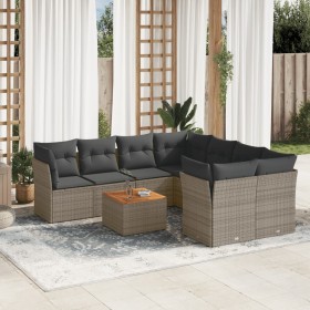 Set de muebles de jardín 9 pzas y cojines ratán sintético gris