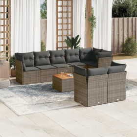 Set de muebles de jardín 9 pzas y cojines ratán sintético gris