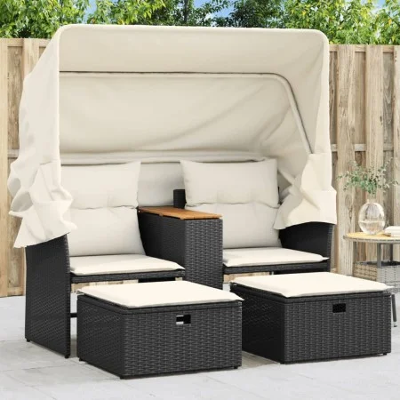 2-Sitzer-Gartensofa mit Markise und schwarzen PE-Rattanhockern von , Outdoor-Sofas - Ref: Foro24-365800, Preis: 319,69 €, Rab...