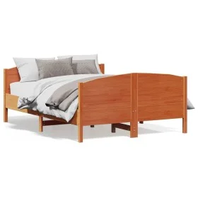 Bed frame with wax brown pine wood headboard 150x200 cm by , Beds and slatted bases - Ref: Foro24-3216172, Price: 230,93 €, D...
