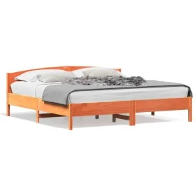 Bed frame with wax brown pine wood headboard 180x200 cm by , Beds and slatted bases - Ref: Foro24-3216193, Price: 220,86 €, D...