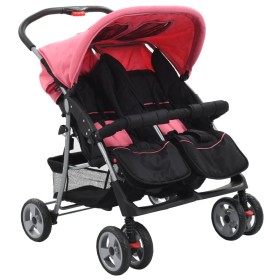 Pink and black steel twin stroller by , Baby strollers - Ref: Foro24-10155, Price: 195,92 €, Discount: %