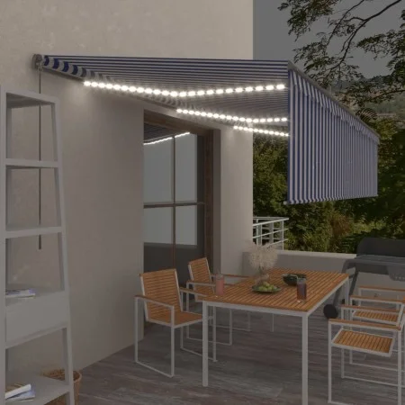 Manual retractable awning with blind and blue and white LED 6x3 m by , Awnings - Ref: Foro24-3069481, Price: 572,38 €, Discou...