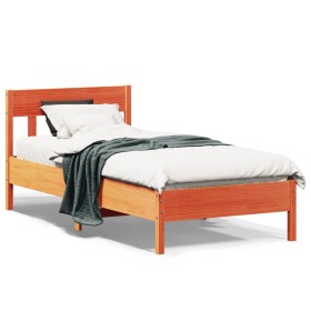 Estructura cama con cabecero madera pino marrón cera 75x190 cm