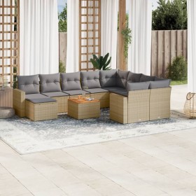 Set de sofás de jardín 11pzas con cojines ratán sintético beige