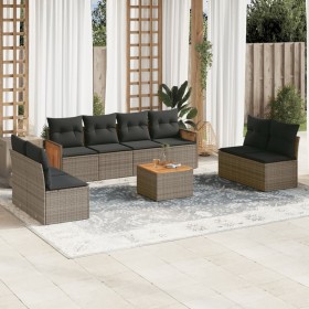 Set de muebles de jardín 9 pzas y cojines ratán sintético gris